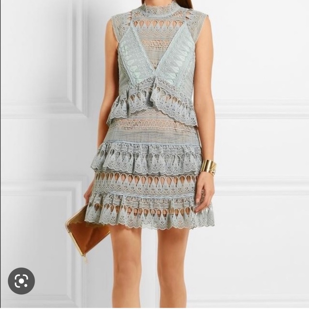 Self Portrait Teardrop Guipure Panelled Mini Dress Size 8 blue